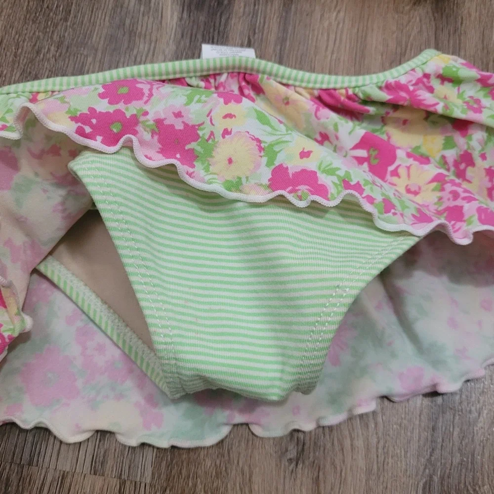 Ralph Lauren Girls Pink Green Floral Striped Ruffle Skirted Bikini Swimsuit 6‎